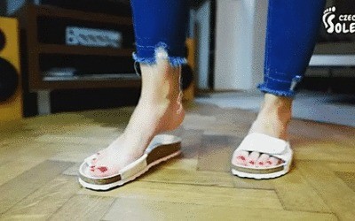 Cork Slippers And Naked Feet Posing POV